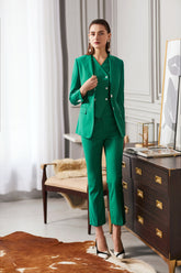 Green Tailored Three Piece V-Neck Pant Suits - FashionByTeresa